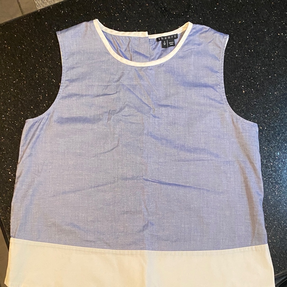 Theory Blue and Cream Sleeveless Blouse